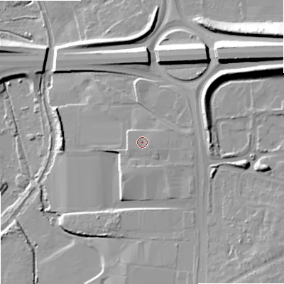 Shaded relief map of the ground around WV107EL, computed from Environment Agency LiDAR. The ground here sits at about 110 m above sea level and falls 21 m across the surrounding 800 m. Surface water reaching this point runs off ground lying to the east-south-east, 0.8 m higher.