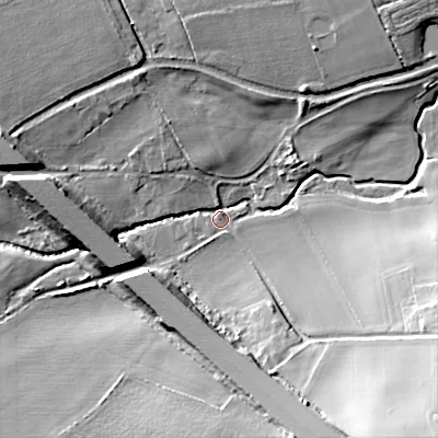 Shaded relief map of the ground around WV107LP, computed from Environment Agency LiDAR. The ground here sits at about 104 m above sea level and falls 28 m across the surrounding 800 m. Surface water reaching this point runs off ground lying to the south-east, 28.0 m higher.