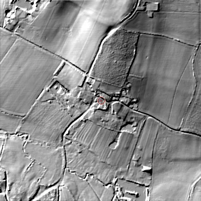 Shaded relief map of the ground around WV107LQ, computed from Environment Agency LiDAR. The ground here sits at about 128 m above sea level and falls 35 m across the surrounding 800 m. Surface water reaching this point runs off ground lying to the north-north-east, 9.9 m higher.