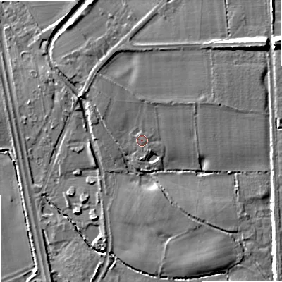 Shaded relief map of the ground around WV107PN, computed from Environment Agency LiDAR. The ground here sits at about 107 m above sea level and falls 17 m across the surrounding 800 m. Surface water reaching this point runs off ground lying to the north-north-east, 1.4 m higher.