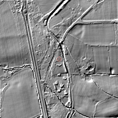 Shaded relief map of the ground around WV107PP, computed from Environment Agency LiDAR. The ground here sits at about 104 m above sea level and falls 13 m across the surrounding 800 m. Surface water reaching this point runs off ground lying to the east-north-east, 7.2 m higher.