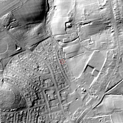 Shaded relief map of the ground around WV108NY, computed from Environment Agency LiDAR. The ground here sits at about 137 m above sea level and falls 34 m across the surrounding 800 m. Surface water reaching this point runs off ground lying to the south-west, 29.6 m higher.