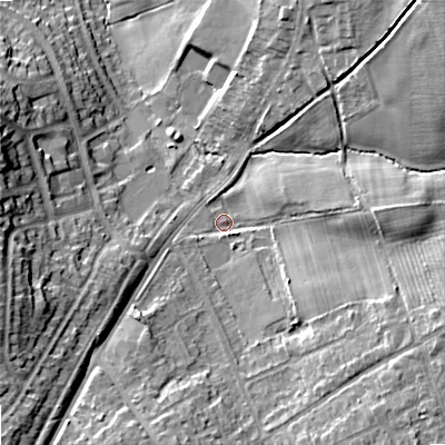 Shaded relief map of the ground around WV108PS, computed from Environment Agency LiDAR. The ground here sits at about 141 m above sea level and falls 18 m across the surrounding 800 m. Surface water reaching this point runs off ground lying to the east-south-east, 10.6 m higher.