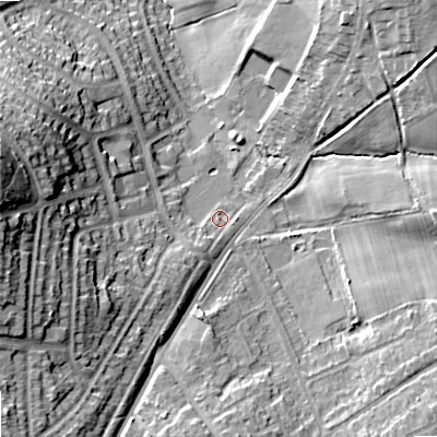 Shaded relief map of the ground around WV108QB, computed from Environment Agency LiDAR. The ground here sits at about 142 m above sea level and falls 26 m across the surrounding 800 m. Surface water reaching this point runs off ground lying to the south-west, 3.7 m higher.