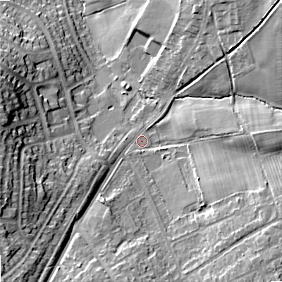 Shaded relief map of the ground around WV108QF, computed from Environment Agency LiDAR. The ground here sits at about 141 m above sea level and falls 19 m across the surrounding 800 m. Surface water reaching this point runs off ground lying to the south-west, 11.5 m higher.