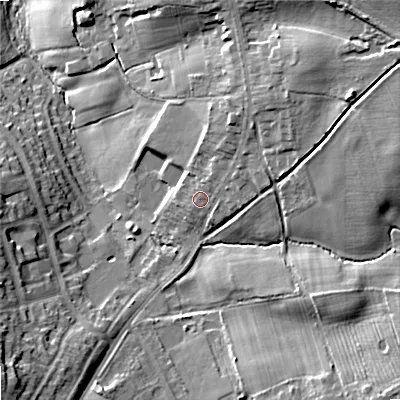 Shaded relief map of the ground around WV108QG, computed from Environment Agency LiDAR. The ground here sits at about 144 m above sea level and falls 23 m across the surrounding 800 m. Surface water reaching this point runs off ground lying to the north-east, 7.4 m higher.