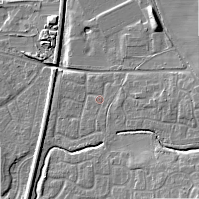 Shaded relief map of the ground around WV108TB, computed from Environment Agency LiDAR. The ground here sits at about 116 m above sea level and falls 16 m across the surrounding 800 m. Surface water reaching this point runs off ground lying to the south-east, 11.4 m higher.