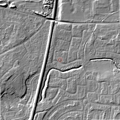 Shaded relief map of the ground around WV108TD, computed from Environment Agency LiDAR. The ground here sits at about 115 m above sea level and falls 14 m across the surrounding 800 m. Surface water reaching this point runs off ground lying to the east, 4.4 m higher.