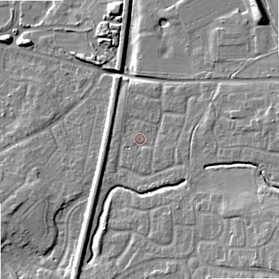 Shaded relief map of the ground around WV108TF, computed from Environment Agency LiDAR. The ground here sits at about 115 m above sea level and falls 14 m across the surrounding 800 m. Surface water reaching this point runs off ground lying to the east, 1.5 m higher.