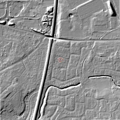 Shaded relief map of the ground around WV108TG, computed from Environment Agency LiDAR. The ground here sits at about 115 m above sea level and falls 13 m across the surrounding 800 m. Surface water reaching this point runs off ground lying to the north-north-east, 1.1 m higher.