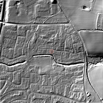 Shaded relief map of the ground around WV108TH, computed from Environment Agency LiDAR. The ground here sits at about 118 m above sea level and falls 25 m across the surrounding 800 m. Surface water reaching this point runs off ground lying to the south-east, 16.4 m higher.