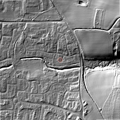 Shaded relief map of the ground around WV108TJ, computed from Environment Agency LiDAR. The ground here sits at about 119 m above sea level and falls 28 m across the surrounding 800 m. Surface water reaching this point runs off ground lying to the south-east, 22.4 m higher.