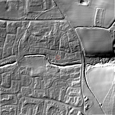 Shaded relief map of the ground around WV108TL, computed from Environment Agency LiDAR. The ground here sits at about 119 m above sea level and falls 27 m across the surrounding 800 m. Surface water reaching this point runs off ground lying to the east, 2.3 m higher.