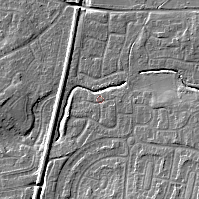 Shaded relief map of the ground around WV108UU, computed from Environment Agency LiDAR. The ground here sits at about 117 m above sea level and falls 15 m across the surrounding 800 m. Surface water reaching this point runs off ground lying to the east-south-east, 2.0 m higher.