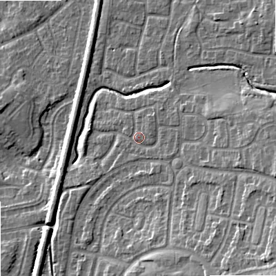 Shaded relief map of the ground around WV108UX, computed from Environment Agency LiDAR. The ground here sits at about 117 m above sea level and falls 17 m across the surrounding 800 m. Surface water reaching this point runs off ground lying to the east-north-east, 2.2 m higher.