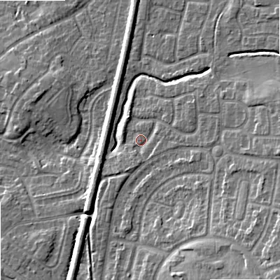 Shaded relief map of the ground around WV108UZ, computed from Environment Agency LiDAR. The ground here sits at about 115 m above sea level and falls 16 m across the surrounding 800 m. Surface water reaching this point runs off ground lying to the south-east, 12.0 m higher.