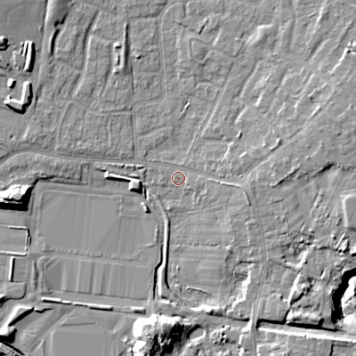 Shaded relief map of the ground around WV113SJ, computed from Environment Agency LiDAR. The ground here sits at about 133 m above sea level and falls 15 m across the surrounding 800 m. Surface water reaching this point runs off ground lying to the east, 4.2 m higher.