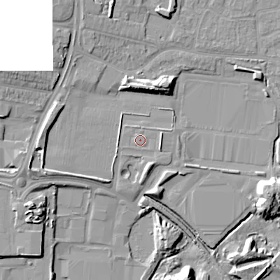 Shaded relief map of the ground around WV113SQ, computed from Environment Agency LiDAR. The ground here sits at about 134 m above sea level and falls 12 m across the surrounding 800 m. Surface water reaching this point runs off ground lying to the east, 0.6 m higher.