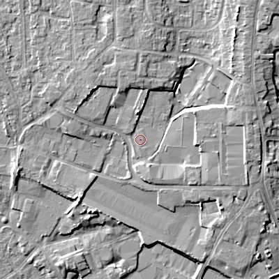 Shaded relief map of the ground around WV124LF, computed from Environment Agency LiDAR. The ground here sits at about 134 m above sea level and falls 12 m across the surrounding 800 m. Surface water reaching this point runs off ground lying to the north-north-east, 2.0 m higher.