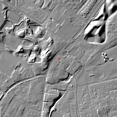 Shaded relief map of the ground around WV12TQ, computed from Environment Agency LiDAR. The ground here sits at about 135 m above sea level and falls 10 m across the surrounding 800 m. Surface water reaching this point runs off ground lying to the west-north-west, 4.4 m higher.