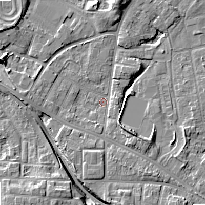 Shaded relief map of the ground around WV12TW, computed from Environment Agency LiDAR. The ground here sits at about 134 m above sea level and falls 12 m across the surrounding 800 m. Surface water reaching this point runs off ground lying to the south-east, 6.2 m higher.