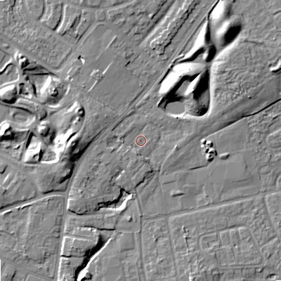 Shaded relief map of the ground around WV12UD, computed from Environment Agency LiDAR. The ground here sits at about 133 m above sea level and falls 10 m across the surrounding 800 m. Surface water reaching this point runs off ground lying to the west-south-west, 1.9 m higher.