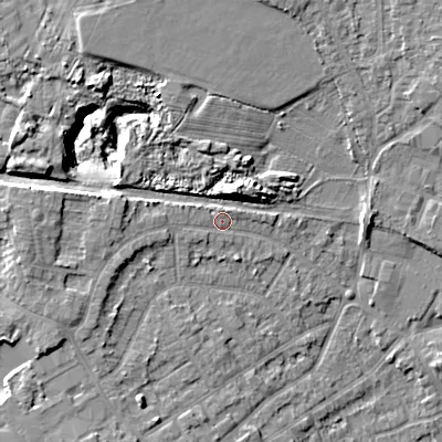 Shaded relief map of the ground around WV131AS, computed from Environment Agency LiDAR. The ground here sits at about 133 m above sea level and falls 14 m across the surrounding 800 m. Surface water reaching this point runs off ground lying to the west, 1.4 m higher.