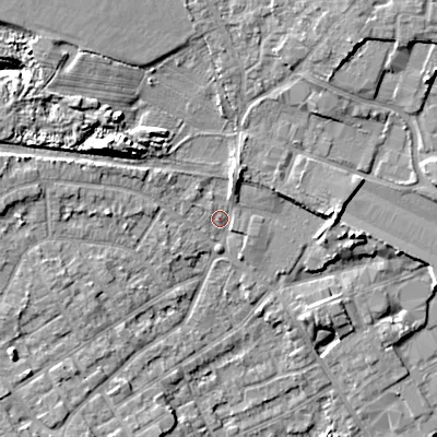 Shaded relief map of the ground around WV131AU, computed from Environment Agency LiDAR. The ground here sits at about 132 m above sea level and falls 12 m across the surrounding 800 m. Surface water reaching this point runs off ground lying to the north-north-east, 4.3 m higher.