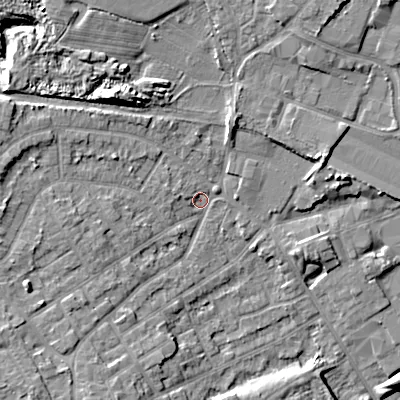 Shaded relief map of the ground around WV131AY, computed from Environment Agency LiDAR. The ground here sits at about 130 m above sea level and falls 13 m across the surrounding 800 m. Surface water reaching this point runs off ground lying to the north-west, 9.0 m higher.