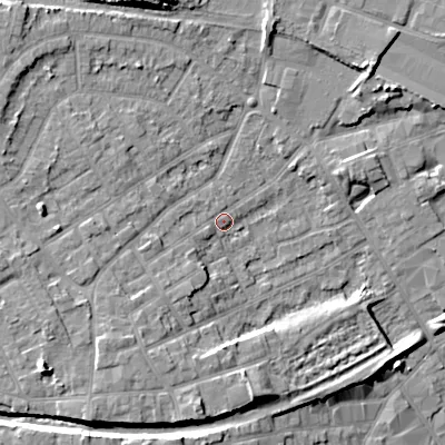 Shaded relief map of the ground around WV131DR, computed from Environment Agency LiDAR. The ground here sits at about 130 m above sea level and falls 14 m across the surrounding 800 m. Surface water reaching this point runs off ground lying to the west-south-west, 2.8 m higher.