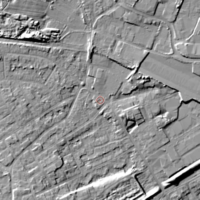 Shaded relief map of the ground around WV131DT, computed from Environment Agency LiDAR. The ground here sits at about 131 m above sea level and falls 15 m across the surrounding 800 m. Surface water reaching this point runs off ground lying to the north, 4.8 m higher.