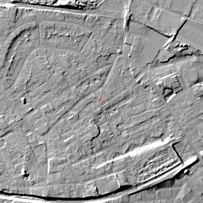 Shaded relief map of the ground around WV131DW, computed from Environment Agency LiDAR. The ground here sits at about 130 m above sea level and falls 14 m across the surrounding 800 m. Surface water reaching this point runs off ground lying to the west-south-west, 2.7 m higher.