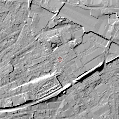 Shaded relief map of the ground around WV131DY, computed from Environment Agency LiDAR. The ground here sits at about 129 m above sea level and falls 13 m across the surrounding 800 m. Surface water reaching this point runs off ground lying to the north-north-west, 4.4 m higher.