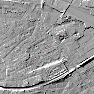 Shaded relief map of the ground around WV131EB, computed from Environment Agency LiDAR. The ground here sits at about 129 m above sea level and falls 12 m across the surrounding 800 m. Surface water reaching this point runs off ground lying to the south-west, 7.1 m higher.