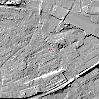 Shaded relief map of the ground around WV131EG, computed from Environment Agency LiDAR. The ground here sits at about 129 m above sea level and falls 15 m across the surrounding 800 m. Surface water reaching this point runs off ground lying to the north, 2.2 m higher.