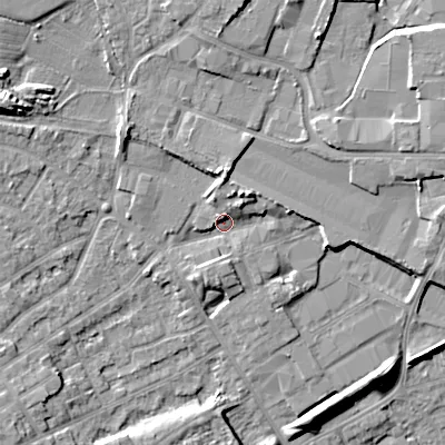 Shaded relief map of the ground around WV131EJ, computed from Environment Agency LiDAR. The ground here sits at about 131 m above sea level and falls 14 m across the surrounding 800 m. Surface water reaching this point runs off ground lying to the north-east, 4.9 m higher.