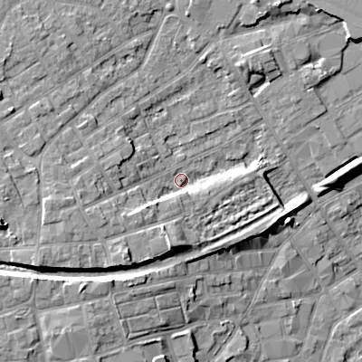 Shaded relief map of the ground around WV131ES, computed from Environment Agency LiDAR. The ground here sits at about 129 m above sea level and falls 15 m across the surrounding 800 m. Surface water reaching this point runs off ground lying to the south-west, 8.8 m higher.
