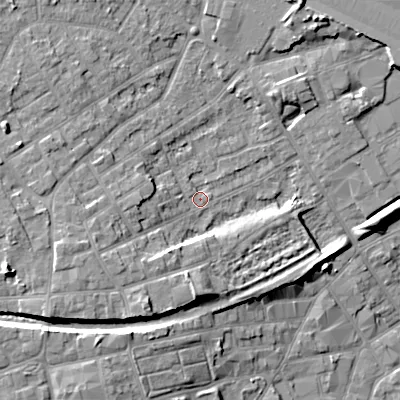 Shaded relief map of the ground around WV131ET, computed from Environment Agency LiDAR. The ground here sits at about 129 m above sea level and falls 14 m across the surrounding 800 m. Surface water reaching this point runs off ground lying to the west-south-west, 6.2 m higher.