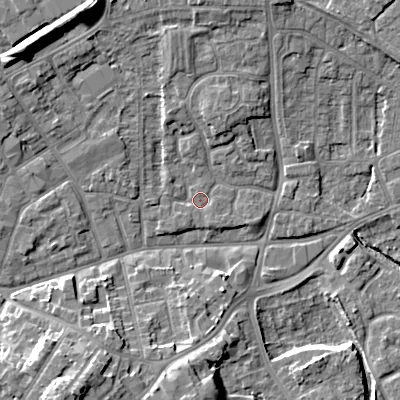 Shaded relief map of the ground around WV131HA, computed from Environment Agency LiDAR. The ground here sits at about 122 m above sea level and falls 14 m across the surrounding 800 m. Surface water reaching this point runs off ground lying to the north-north-west, 10.8 m higher.