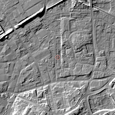 Shaded relief map of the ground around WV131HD, computed from Environment Agency LiDAR. The ground here sits at about 123 m above sea level and falls 13 m across the surrounding 800 m. Surface water reaching this point runs off ground lying to the north-west, 5.1 m higher.