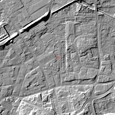 Shaded relief map of the ground around WV131HE, computed from Environment Agency LiDAR. The ground here sits at about 124 m above sea level and falls 13 m across the surrounding 800 m. Surface water reaching this point runs off ground lying to the north-west, 3.9 m higher.