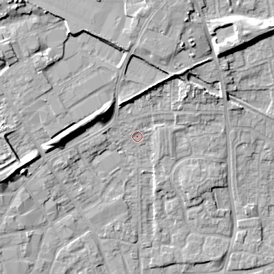 Shaded relief map of the ground around WV131HF, computed from Environment Agency LiDAR. The ground here sits at about 125 m above sea level and falls 15 m across the surrounding 800 m. Surface water reaching this point runs off ground lying to the north-north-east, 7.6 m higher.