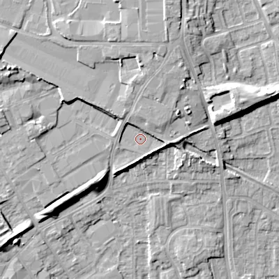 Shaded relief map of the ground around WV131HH, computed from Environment Agency LiDAR. The ground here sits at about 129 m above sea level and falls 16 m across the surrounding 800 m. Surface water reaching this point runs off ground lying to the north-north-east, 5.6 m higher.