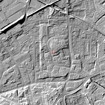 Shaded relief map of the ground around WV131HN, computed from Environment Agency LiDAR. The ground here sits at about 124 m above sea level and falls 14 m across the surrounding 800 m. Surface water reaching this point runs off ground lying to the north-north-east, 2.5 m higher.