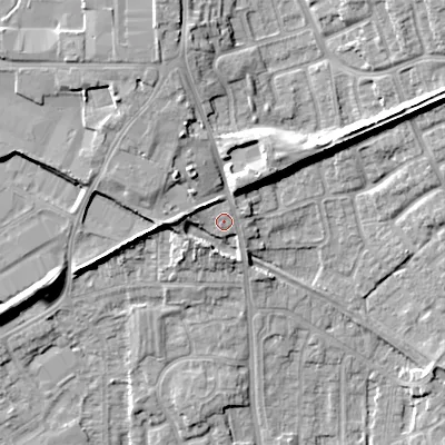 Shaded relief map of the ground around WV131HT, computed from Environment Agency LiDAR. The ground here sits at about 129 m above sea level and falls 16 m across the surrounding 800 m. Surface water reaching this point runs off ground lying to the north-east, 6.6 m higher.