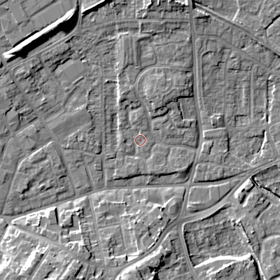 Shaded relief map of the ground around WV131HU, computed from Environment Agency LiDAR. The ground here sits at about 123 m above sea level and falls 14 m across the surrounding 800 m. Surface water reaching this point runs off ground lying to the north-north-west, 10.8 m higher.