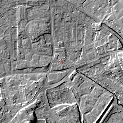 Shaded relief map of the ground around WV131HX, computed from Environment Agency LiDAR. The ground here sits at about 122 m above sea level and falls 16 m across the surrounding 800 m. Surface water reaching this point runs off ground lying to the west-south-west, 0.8 m higher.