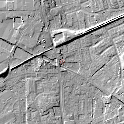 Shaded relief map of the ground around WV131HY, computed from Environment Agency LiDAR. The ground here sits at about 127 m above sea level and falls 16 m across the surrounding 800 m. Surface water reaching this point runs off ground lying to the north, 7.6 m higher.