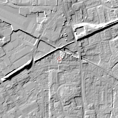 Shaded relief map of the ground around WV131HZ, computed from Environment Agency LiDAR. The ground here sits at about 127 m above sea level and falls 16 m across the surrounding 800 m. Surface water reaching this point runs off ground lying to the north, 5.8 m higher.