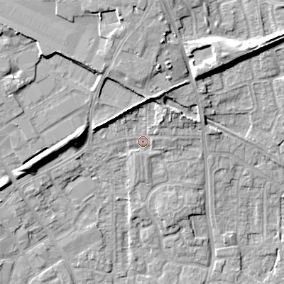 Shaded relief map of the ground around WV131JA, computed from Environment Agency LiDAR. The ground here sits at about 126 m above sea level and falls 15 m across the surrounding 800 m. Surface water reaching this point runs off ground lying to the north-east, 4.7 m higher.